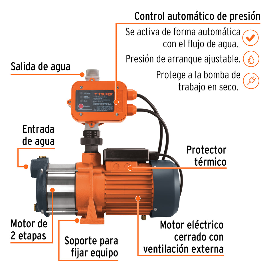 Bomba presurizadora multietapas 3/4 HP con control, Truper, 102385