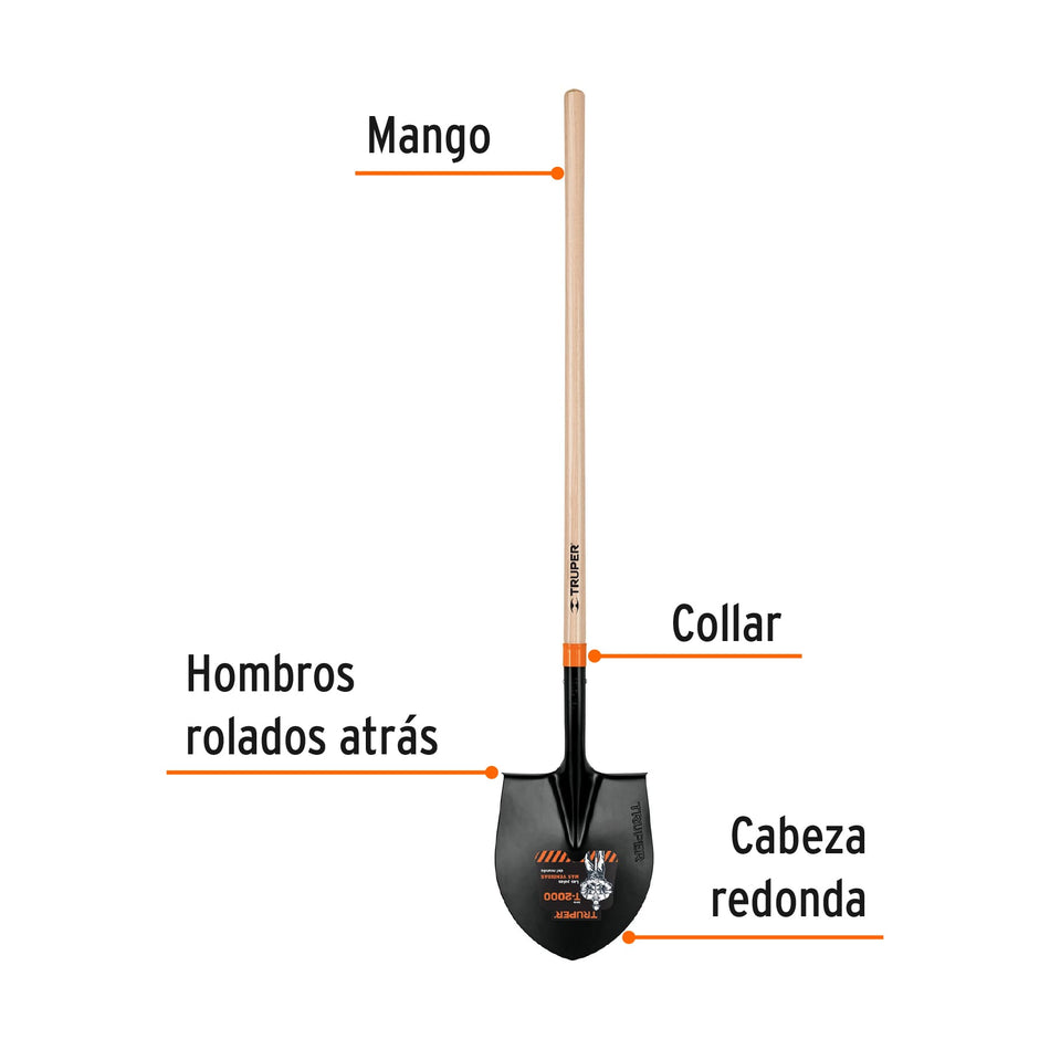 Pala redonda # 4 T-2000, mango largo 45', Truper Caja con 3, 11149