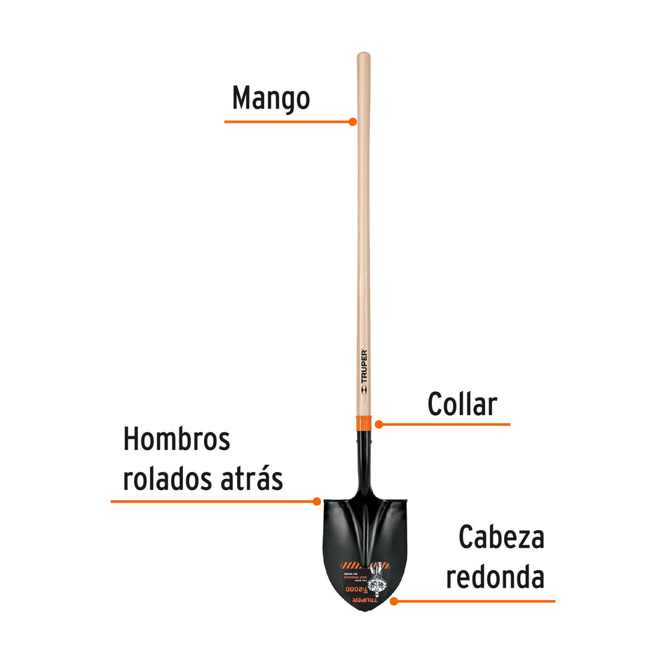 Pala redonda T-2000, mango largo 45', Truper Caja con 3, 17175