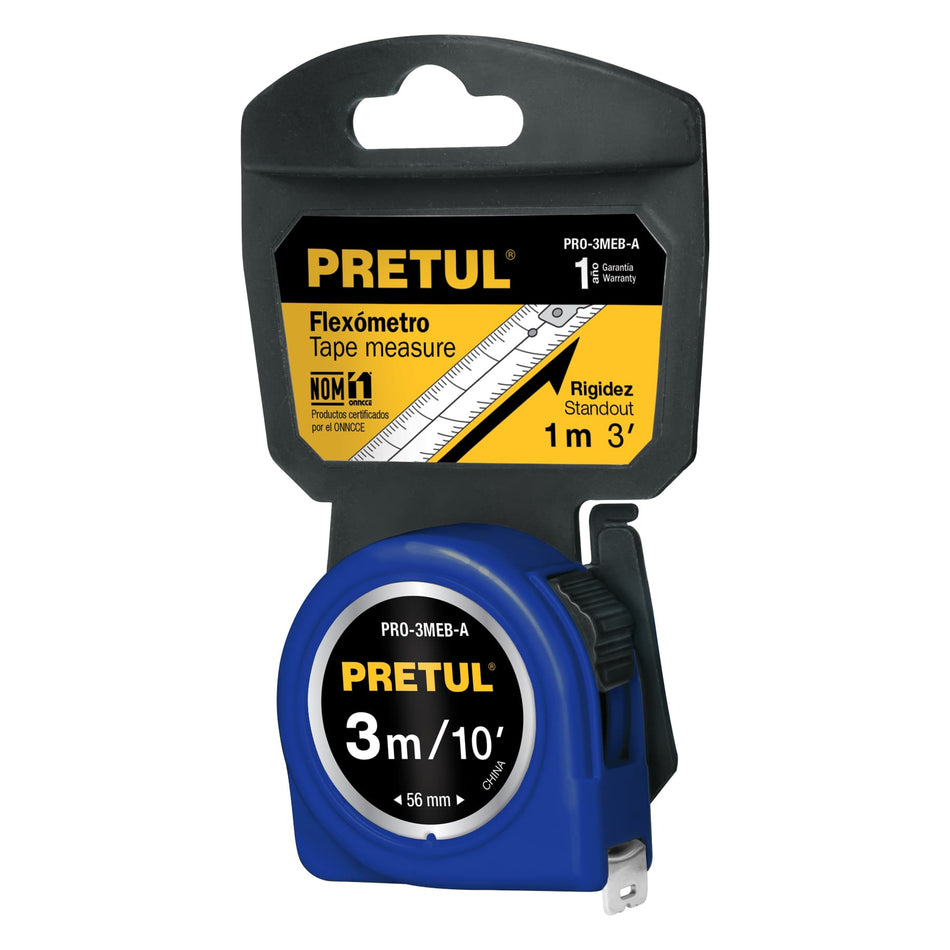 Flexómetro azul 3 m cinta 13 mm, en tarjeta, PRETUL Caja con 6, 21609