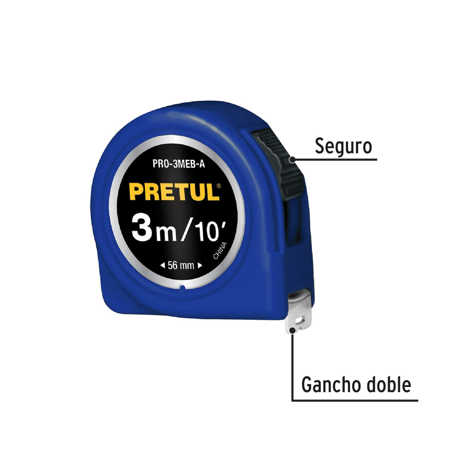 Flexómetro azul 3 m cinta 13 mm, en tarjeta, PRETUL Caja con 6, 21609