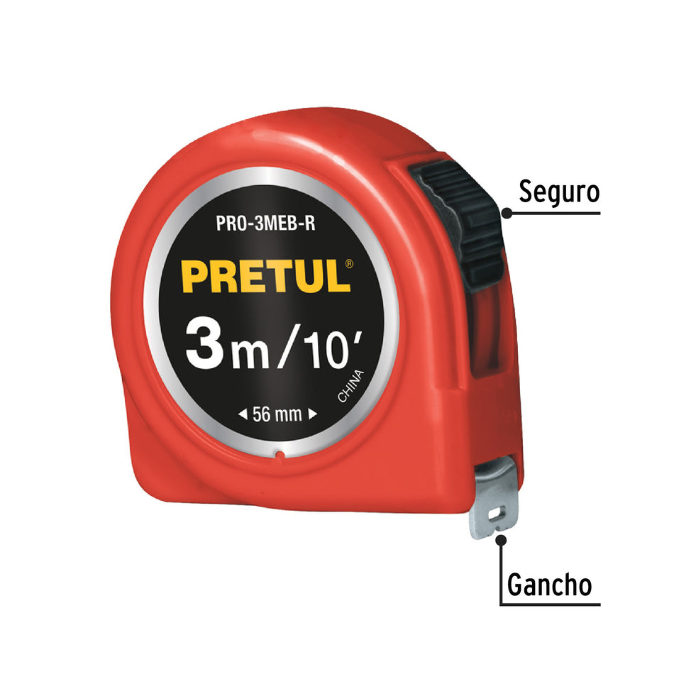 Flexómetro rojo 3 m cinta 13 mm, en tarjeta, PRETUL Caja con 6, 21611