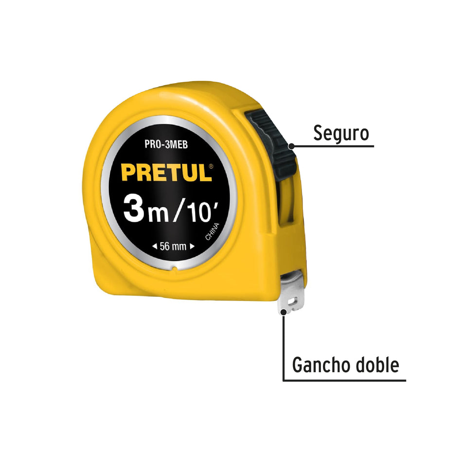 Flexómetro amarillo 3 m cinta 13 mm, en tarjeta, PRETUL Caja con 6, 21605