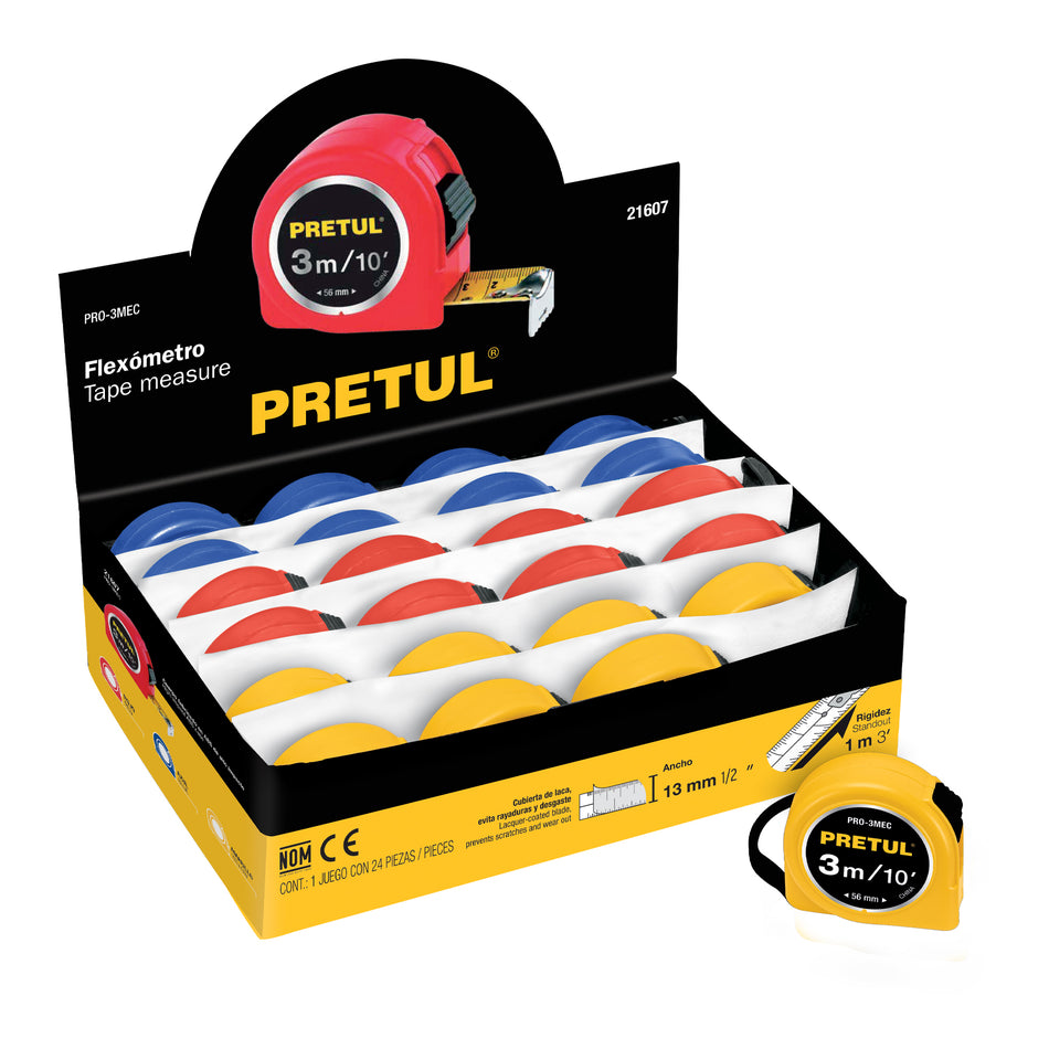 Flexómetro 3 m cinta 13 mm, display box con 24 pzas, PRETUL Caja con 24, 21607