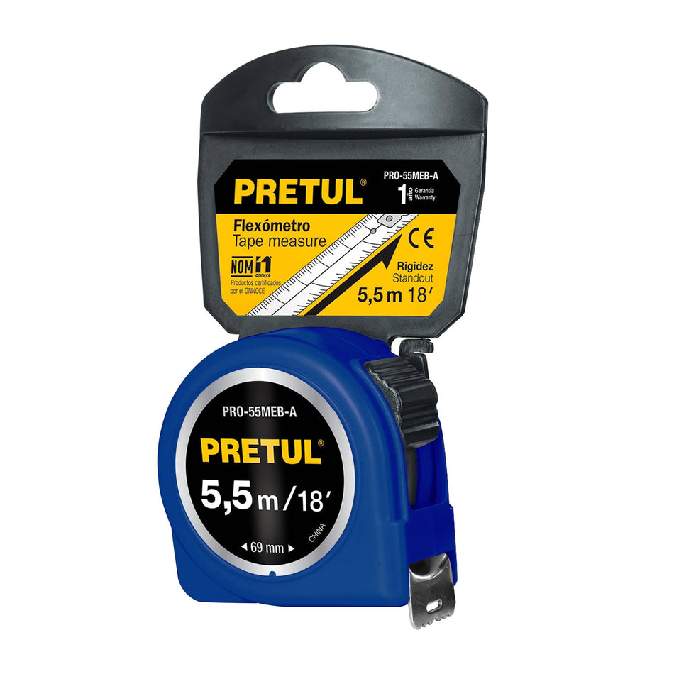 Flexómetro azul 5.5 m cinta 25 mm, en tarjeta, PRETUL Caja con 6, 28023