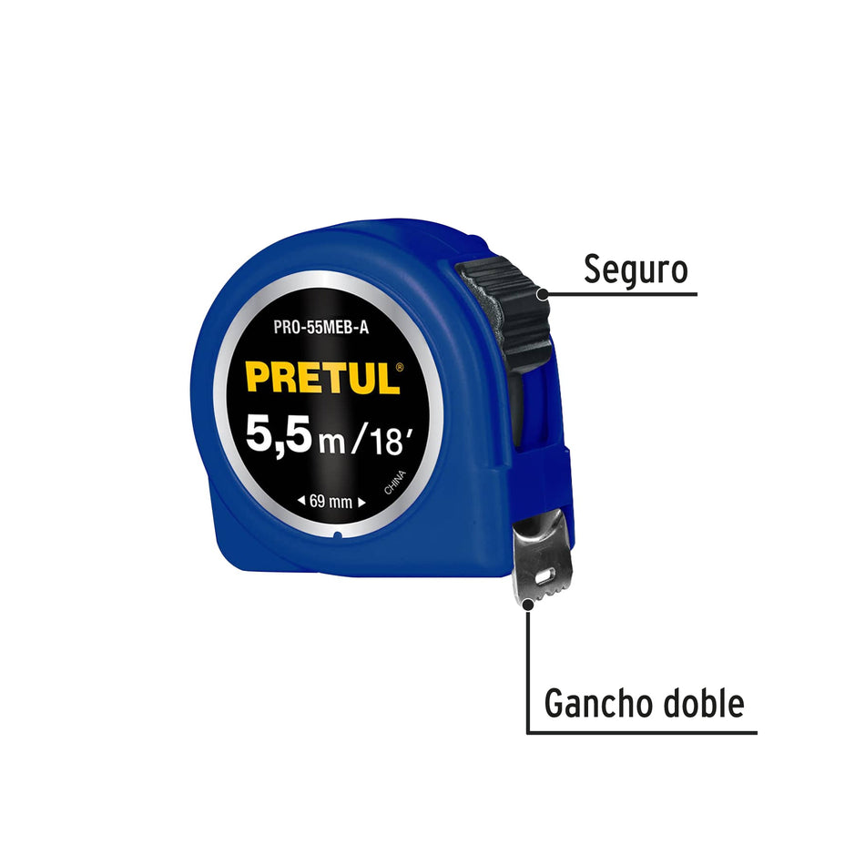 Flexómetro azul 5.5 m cinta 25 mm, en tarjeta, PRETUL Caja con 6, 28023