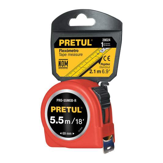 Flexómetro rojo 5.5 m cinta 25 mm, en tarjeta, PRETUL Caja con 6, 28024