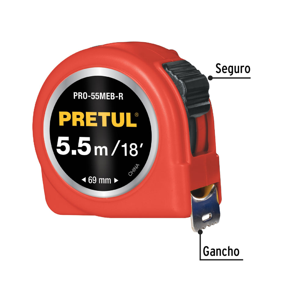 Flexómetro rojo 5.5 m cinta 25 mm, en tarjeta, PRETUL Caja con 6, 28024