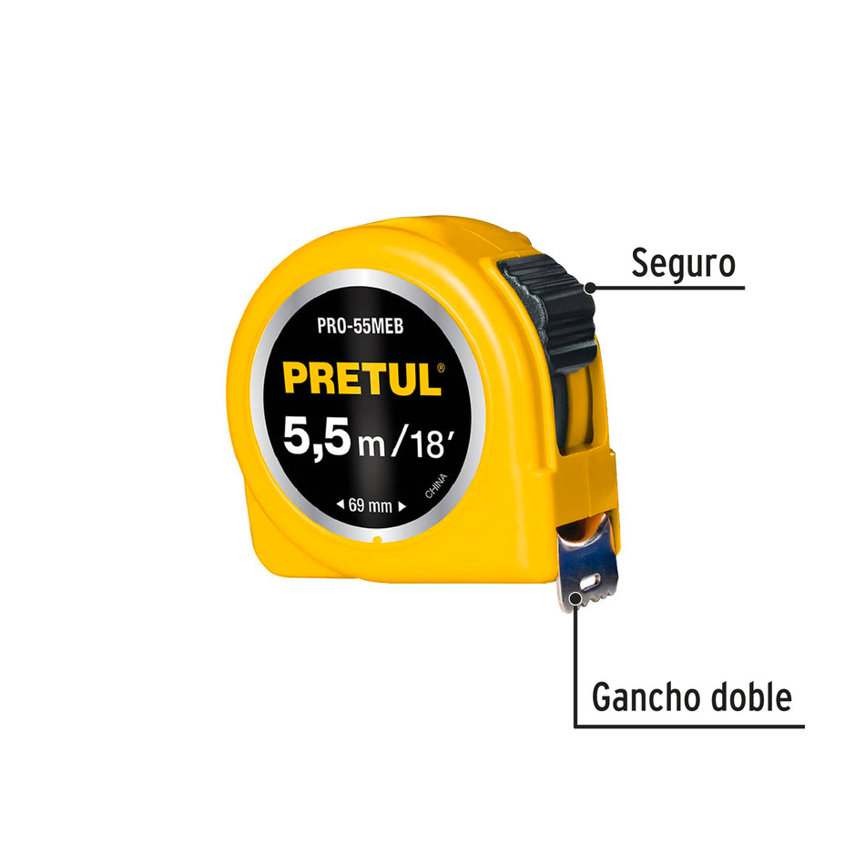 Flexómetro amarillo 5.5 m cinta 25 mm, en tarjeta, PRETUL Caja con 6, 28022
