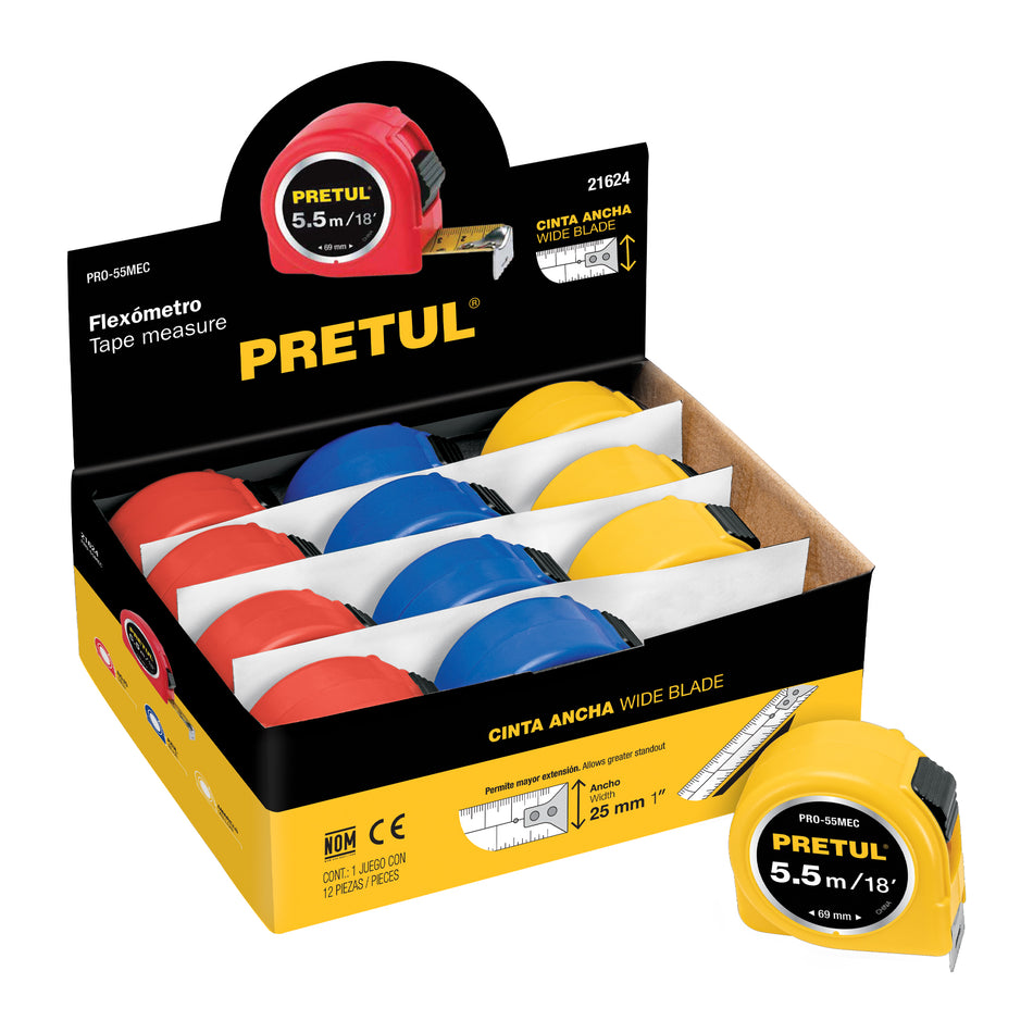 Flexómetro 5.5 m cinta 25 mm, display box con 12 pzas,PRETUL Caja con 12, 21624