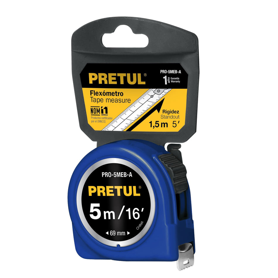 Flexómetro azul 5 m cinta 19 mm, en tarjeta, PRETUL Caja con 6, 21610