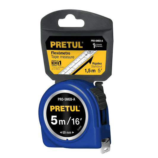 Flexómetro azul 5 m cinta 19 mm, en tarjeta, PRETUL Caja con 6, 21610