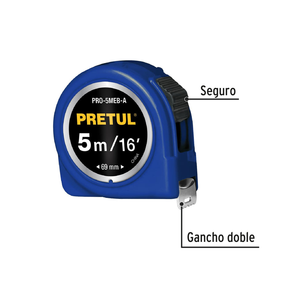 Flexómetro azul 5 m cinta 19 mm, en tarjeta, PRETUL Caja con 6, 21610