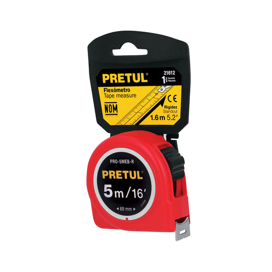 Flexómetro rojo 5 m cinta 19 mm, en tarjeta, PRETUL Caja con 6, 21612