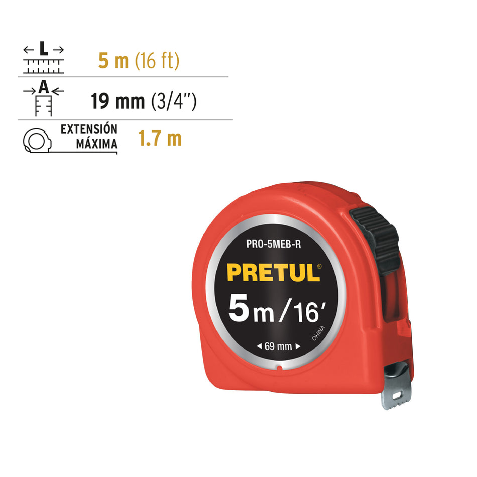 Flexómetro rojo 5 m cinta 19 mm, en tarjeta, PRETUL Caja con 6, 21612