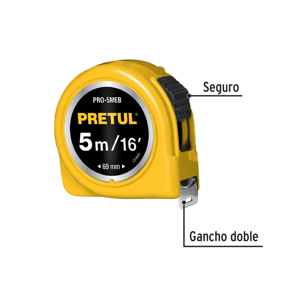Flexómetro amarillo 5 m cinta 19 mm, en tarjeta, PRETUL Caja con 6, 21606