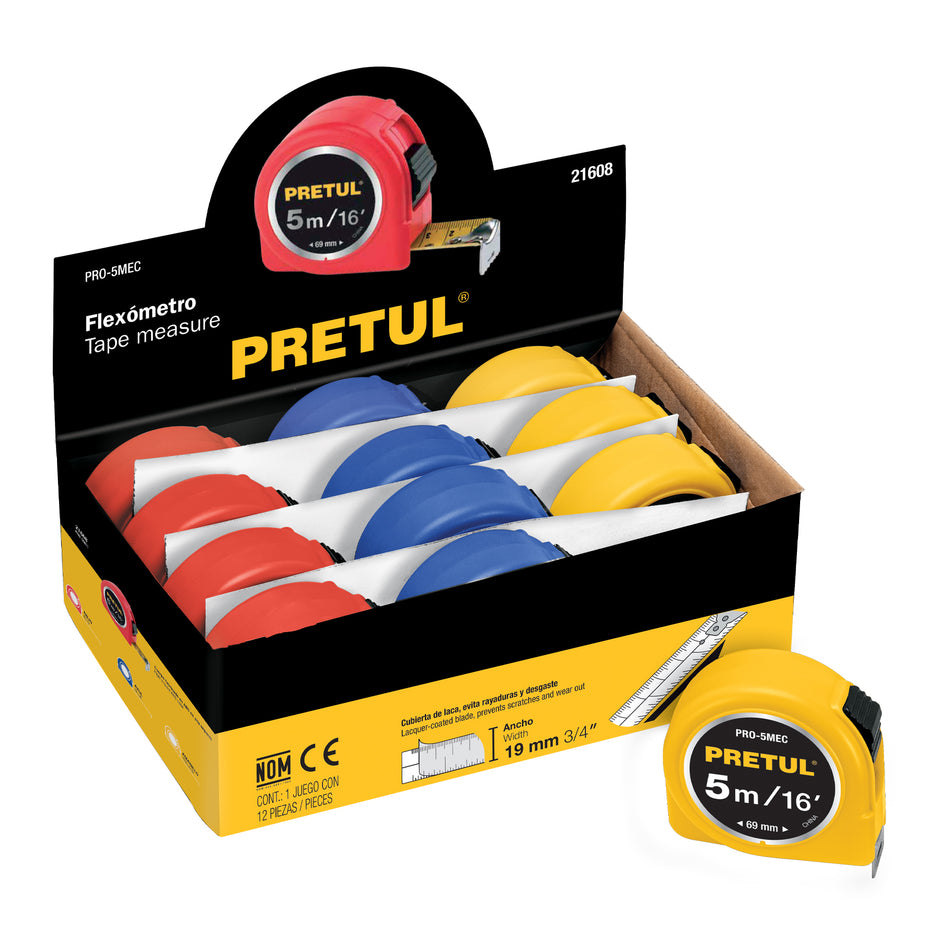 Flexómetro 5 m cinta 19 mm, display box con 12 pzas, PRETUL Caja con 12, 21608