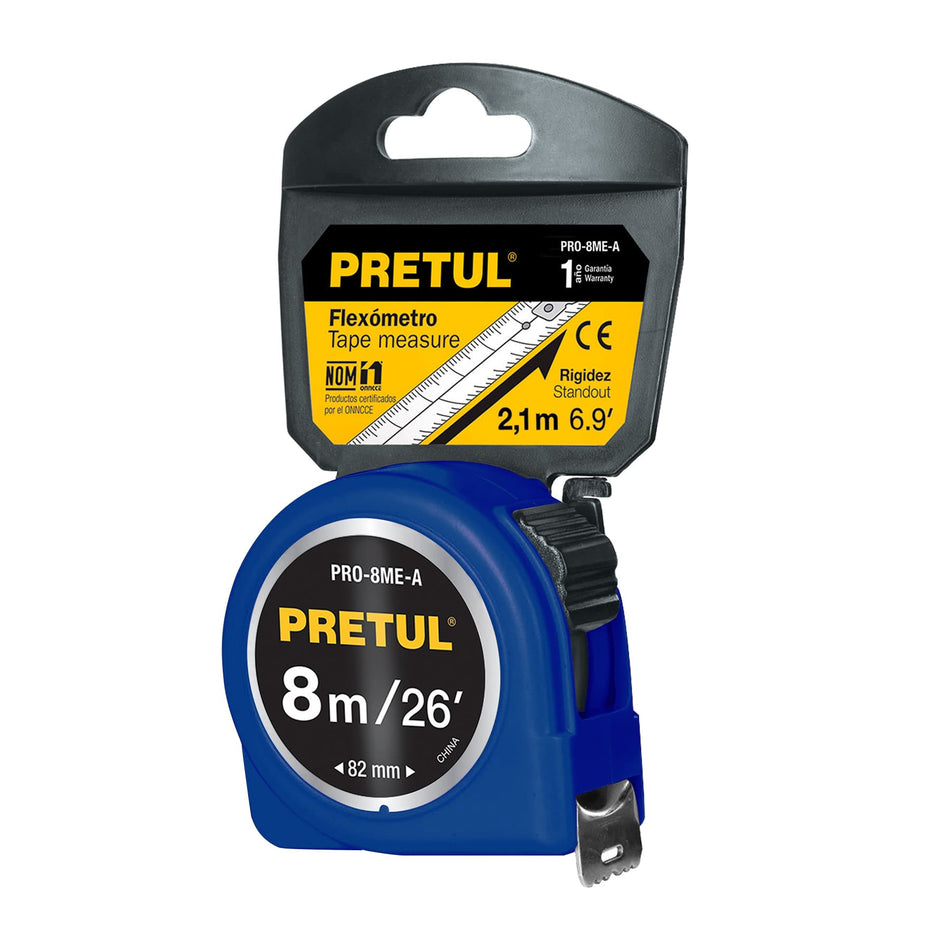Flexómetro azul 8 m cinta 25 mm, en tarjeta, PRETUL Caja con 6, 29998