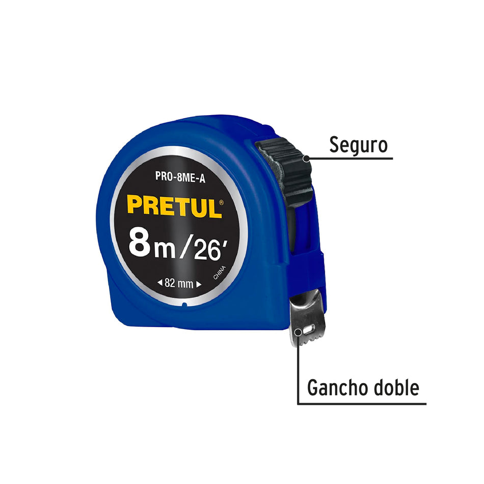 Flexómetro azul 8 m cinta 25 mm, en tarjeta, PRETUL Caja con 6, 29998