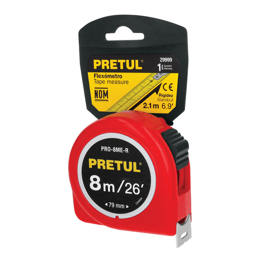 Flexómetro rojo 8 m cinta 25 mm, en tarjeta, PRETUL Caja con 6, 29999