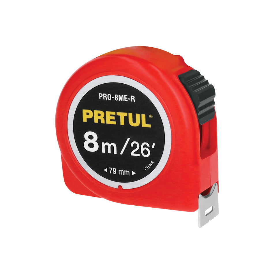 Flexómetro rojo 8 m cinta 25 mm, en tarjeta, PRETUL Caja con 6, 29999