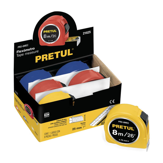 Flexómetro 8 m cinta 25 mm, display box con 6 pzas, PRETUL Caja con 6, 21625