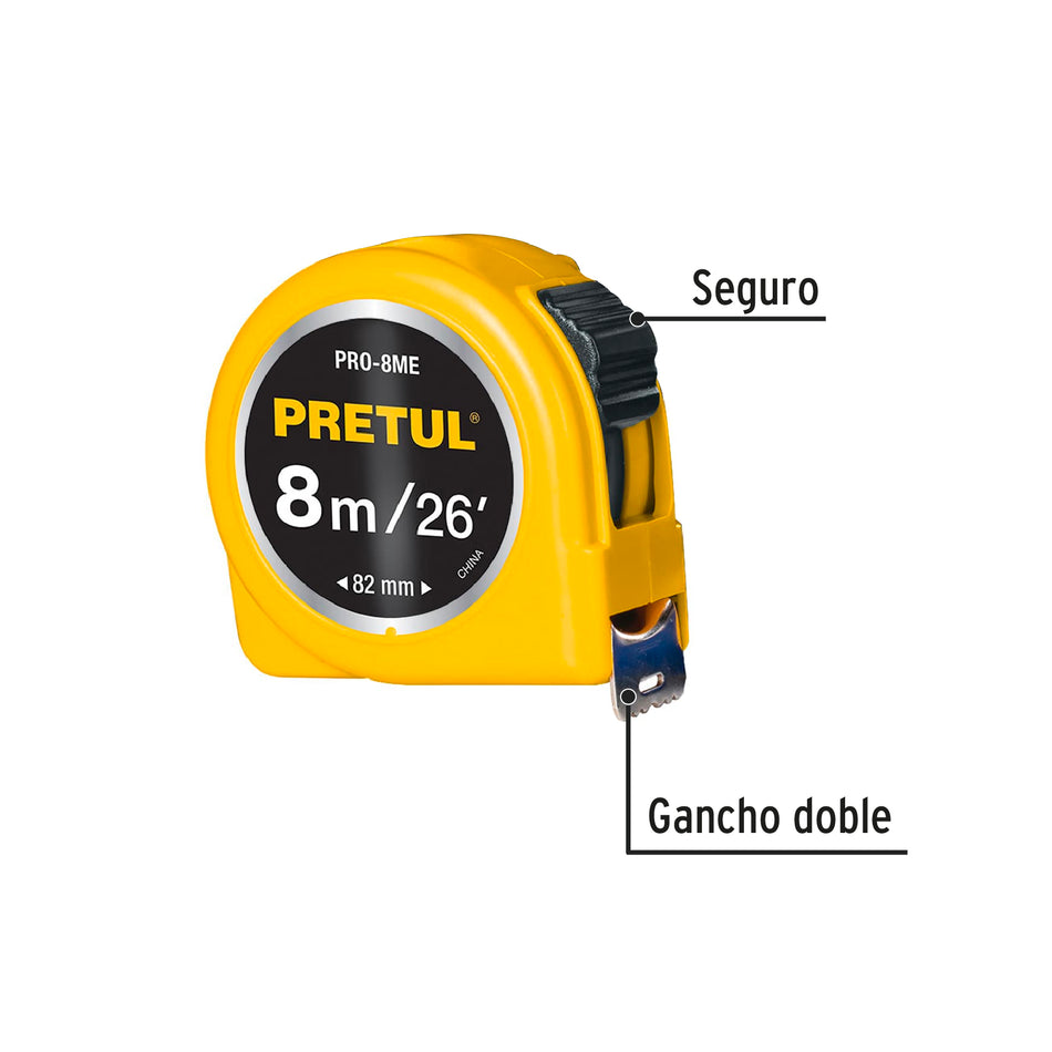 Flexómetro amarillo 8 m cinta 25 mm, en tarjeta, PRETUL Caja con 6, 21603