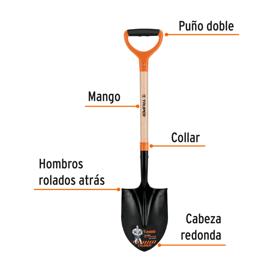 Pala redonda T-2000, puño doble 'Y', Truper Caja con 3, 102456