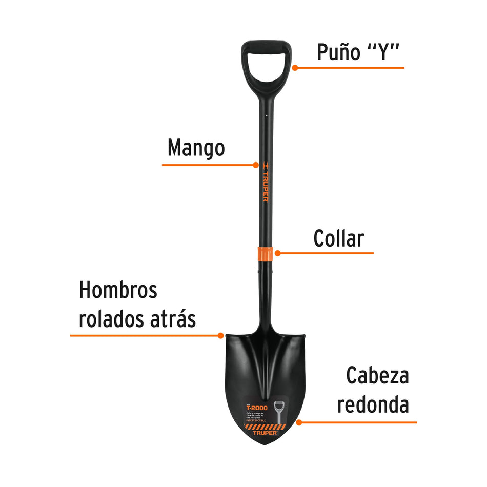 Pala redonda T-2000, puño 'Y' mango fibra de vidrio, Truper Caja con 3, 102458