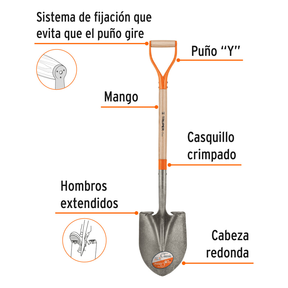 Pala redonda Classic, puño 'Y', Truper Caja con 3, 17154