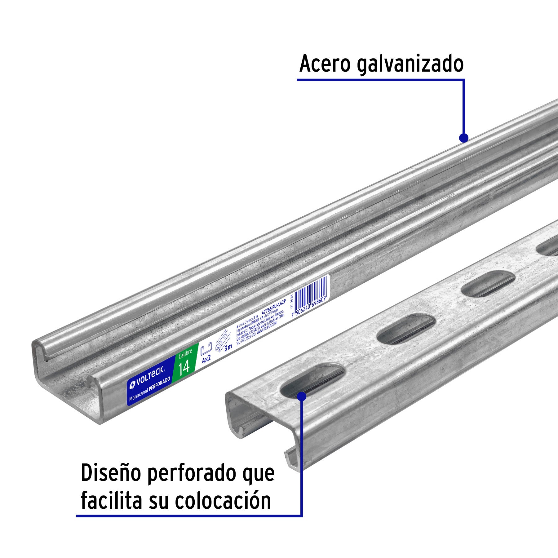 Perfil monocanal perforado de 3 m, 4 x 2 cm cal. 14, VOLTECK, 47765