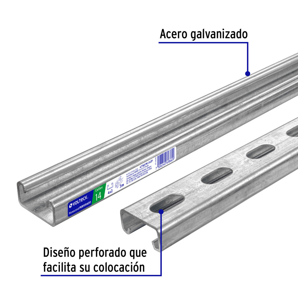 Perfil monocanal perforado de 3 m, 4 x 2 cm cal. 14, VOLTECK Caja con 2, 47765