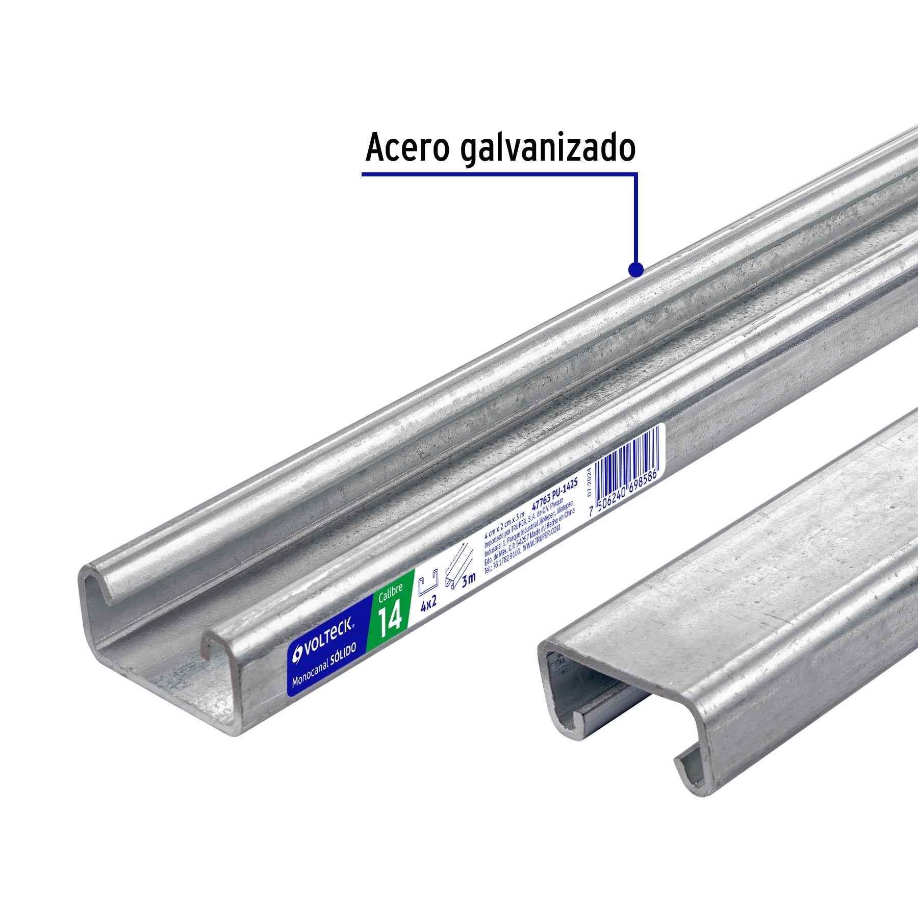 Perfil monocanal sólido de 3 m, 4 x 2 cm cal. 14, VOLTECK, 47763