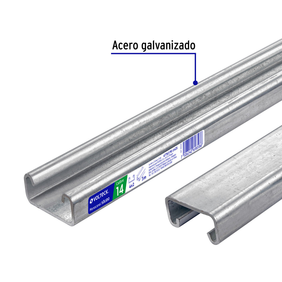 Perfil monocanal sólido de 3 m, 4 x 2 cm cal. 14, VOLTECK Caja con 2, 47763