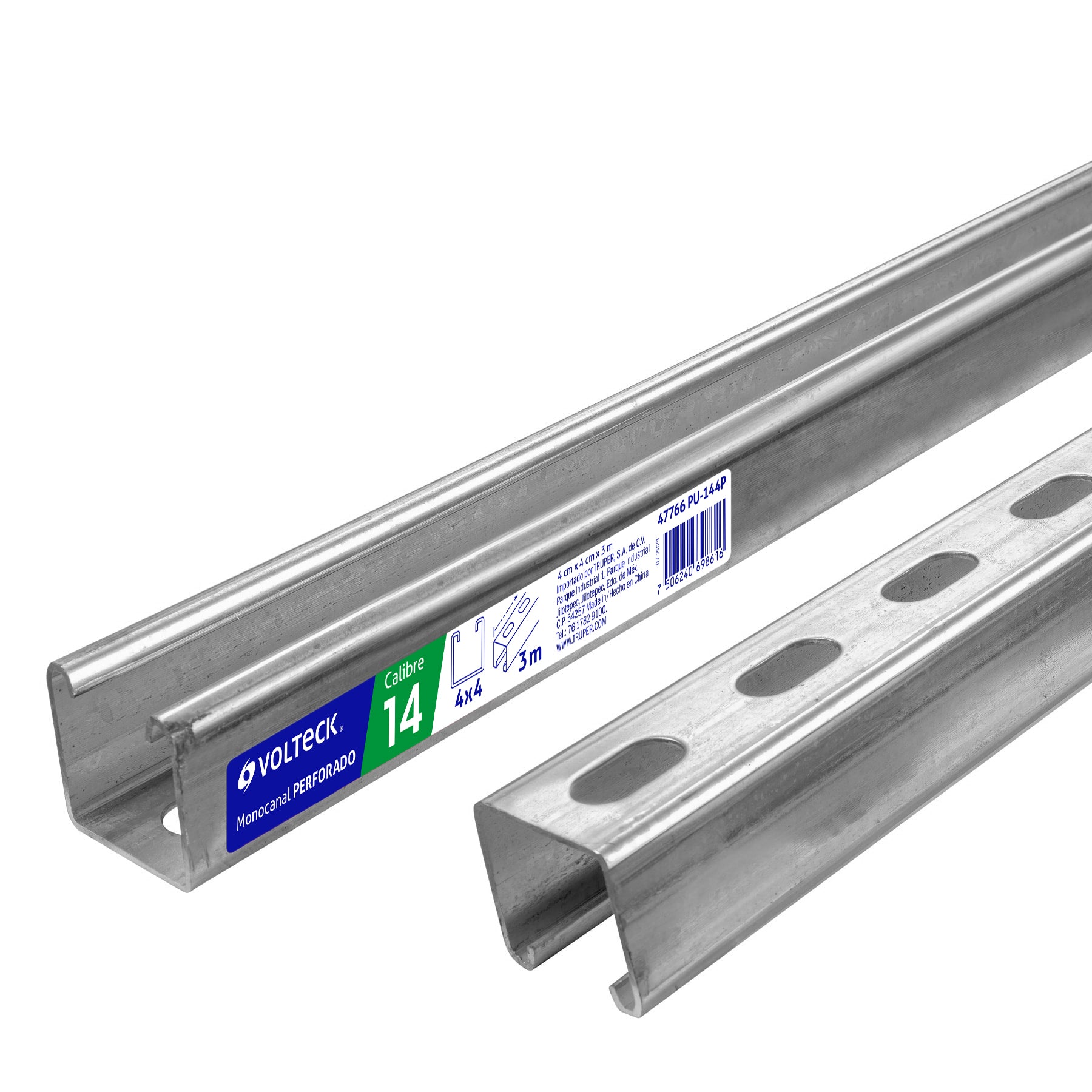 Perfil monocanal perforado de 3 m, 4 x 4 cm cal. 14, VOLTECK, 47766