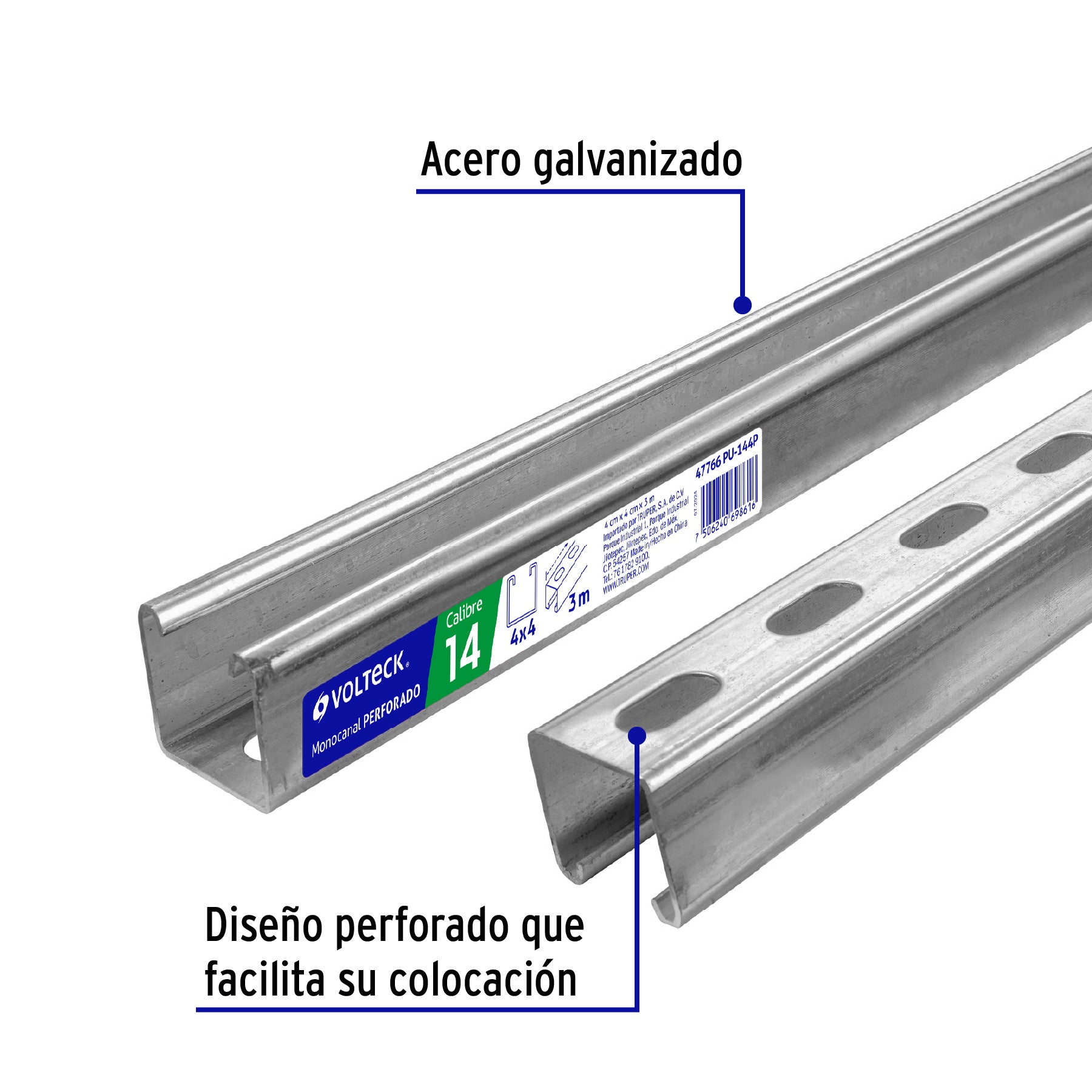 Perfil monocanal perforado de 3 m, 4 x 4 cm cal. 14, VOLTECK, 47766