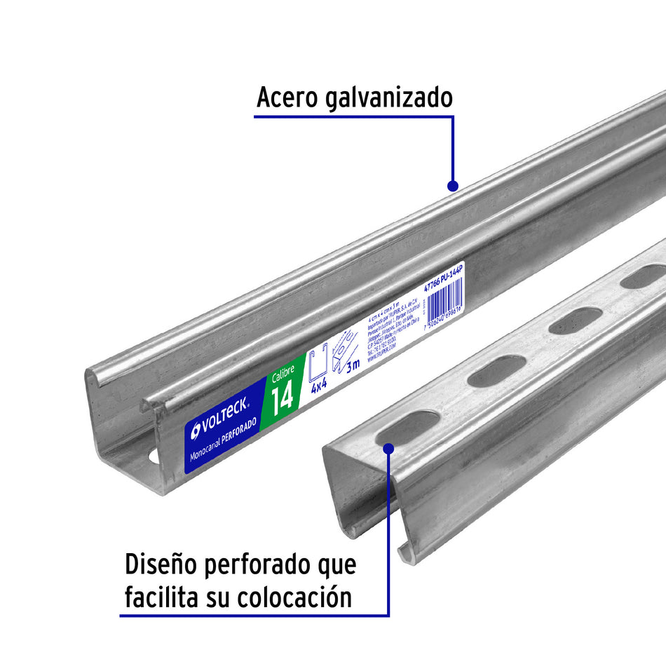 Perfil monocanal perforado de 3 m, 4 x 4 cm cal. 14, VOLTECK Caja con 2, 47766