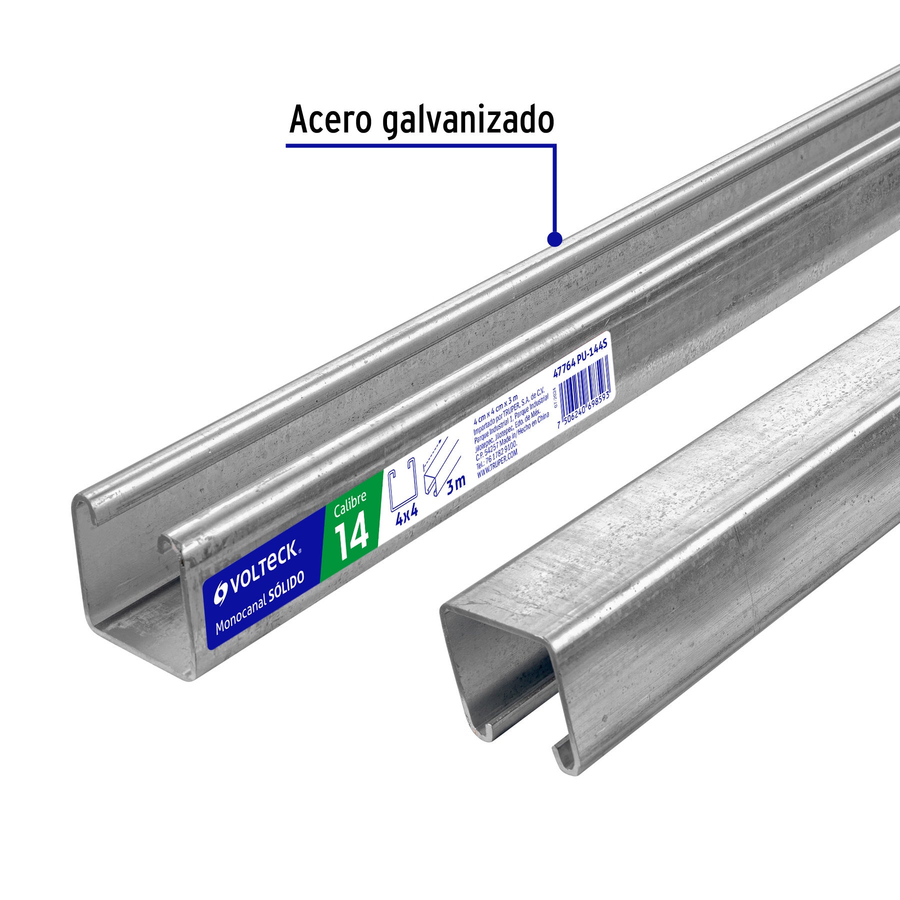 Perfil monocanal sólido de 3 m, 4 x 4 cm cal. 14, VOLTECK, 47764