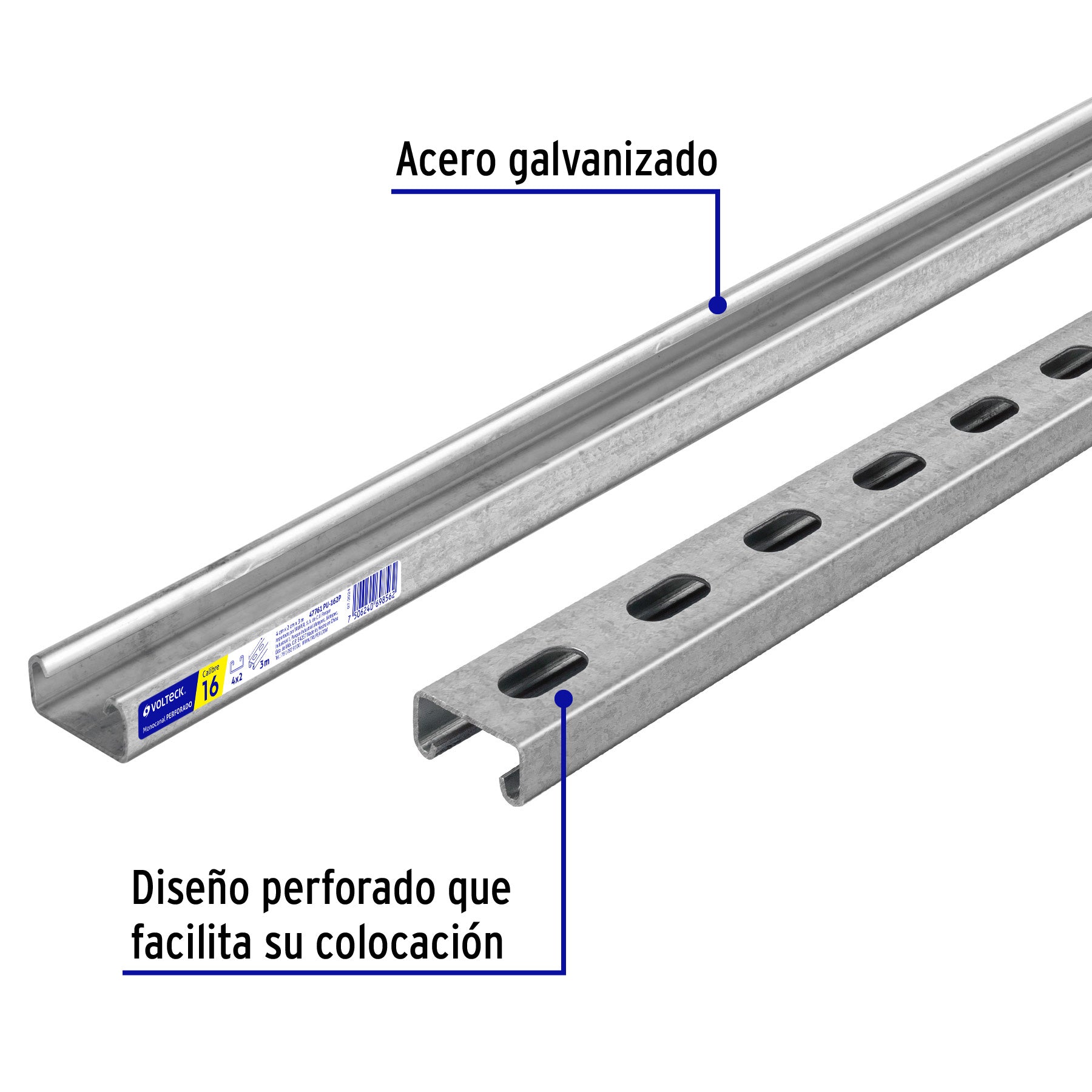 Perfil monocanal perforado de 3 m, 4 x 2 cm cal. 16, VOLTECK, 47761