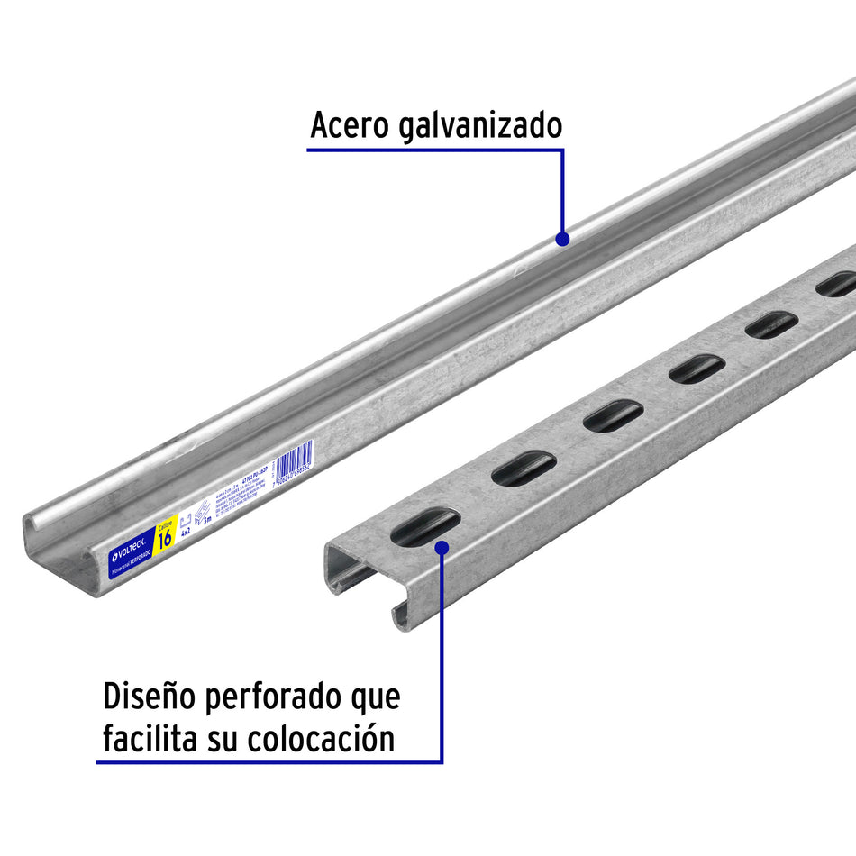 Perfil monocanal perforado de 3 m, 4 x 2 cm cal. 16, VOLTECK Caja con 2, 47761