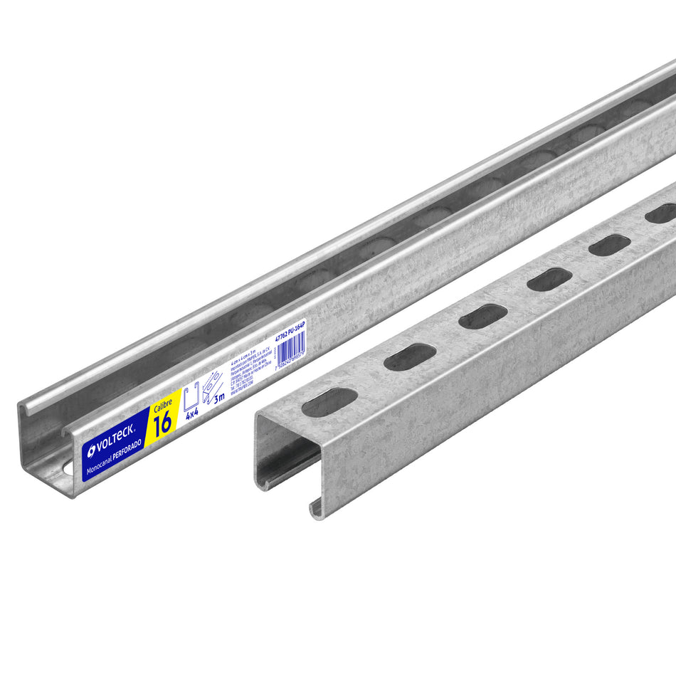 Perfil monocanal perforado de 3 m, 4 x 4 cm cal. 16, VOLTECK Caja con 2, 47762