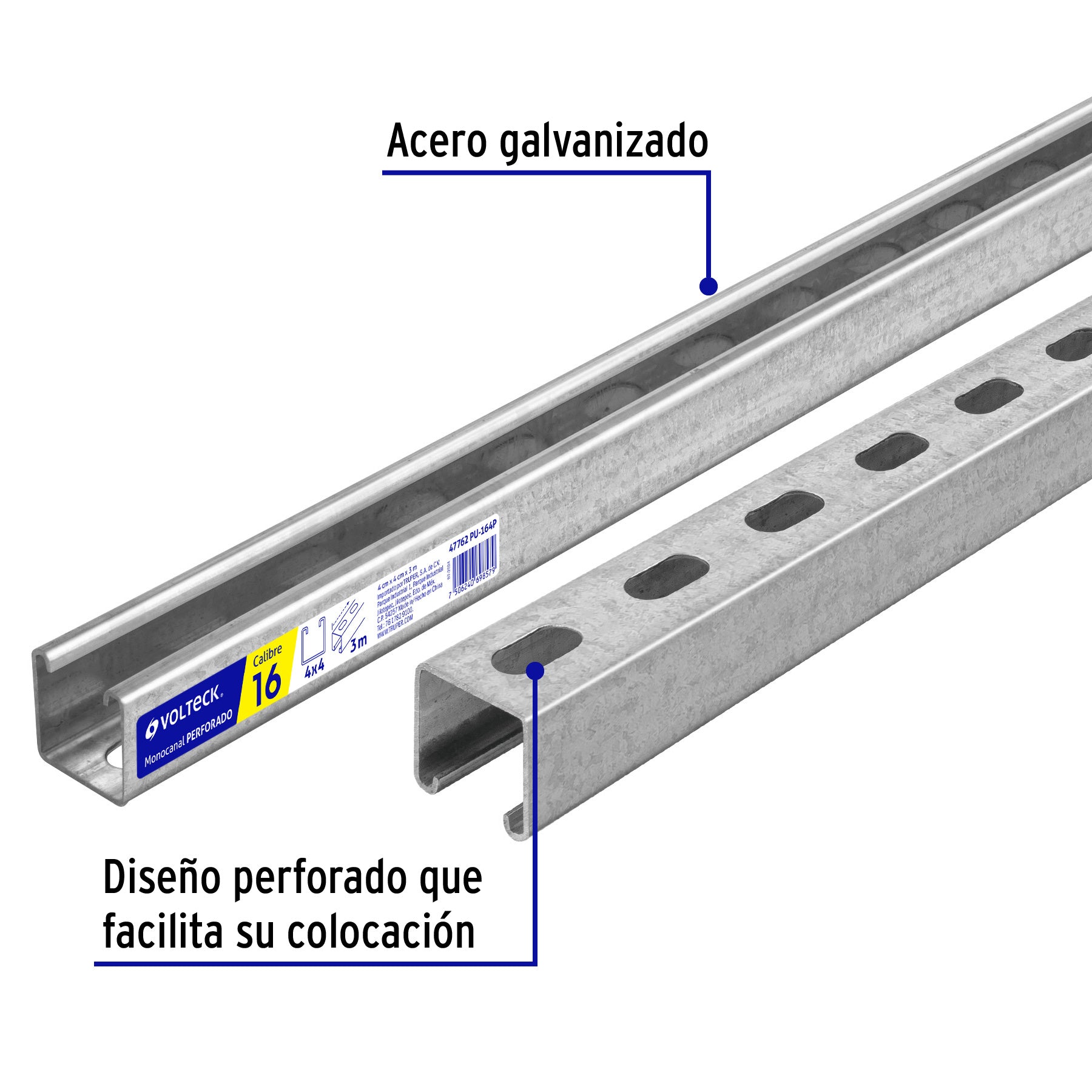 Perfil monocanal perforado de 3 m, 4 x 4 cm cal. 16, VOLTECK, 47762