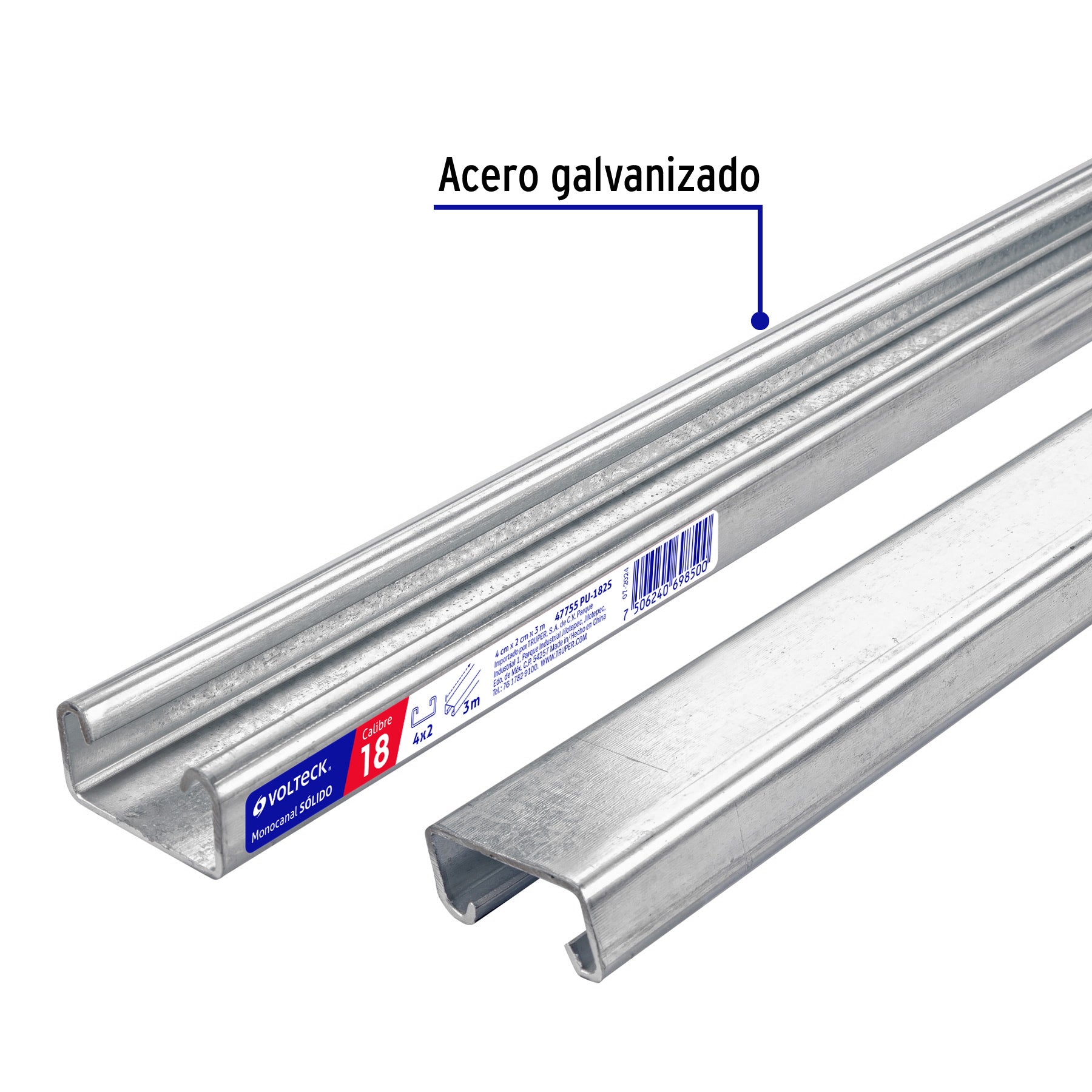 Perfil monocanal sólido de 3 m, 4 x 2 cm cal. 18, VOLTECK, 47755