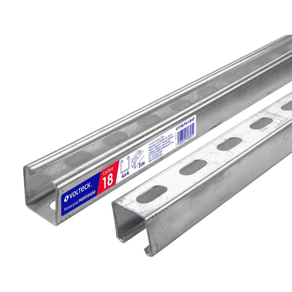 Perfil monocanal perforado de 3 m, 4 x 4 cm cal. 18, VOLTECK Caja con 2, 47758