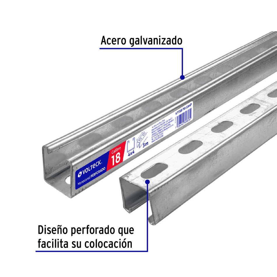 Perfil monocanal perforado de 3 m, 4 x 4 cm cal. 18, VOLTECK Caja con 2, 47758