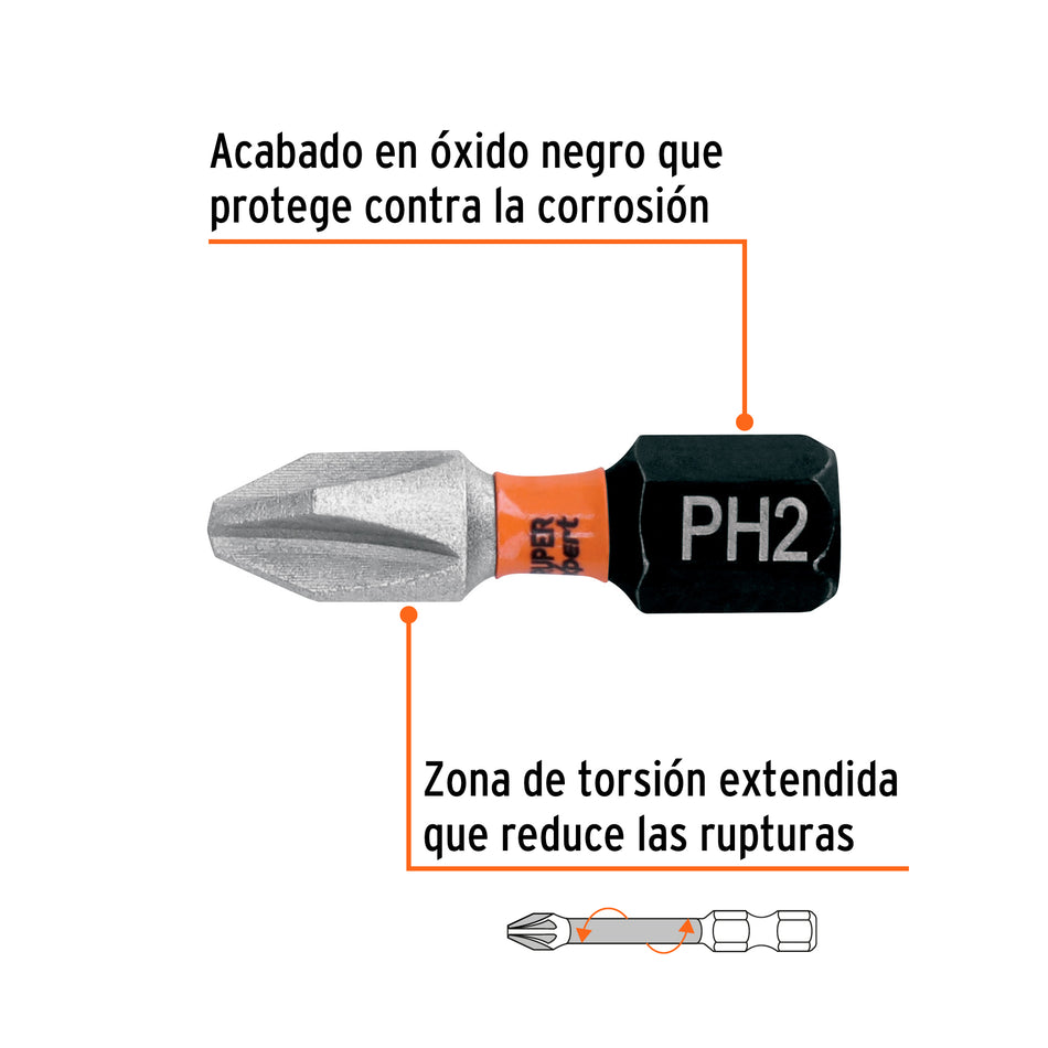Estuche con 5 puntas de cruz PH2 de impacto largo 1' Caja con 6, 103022