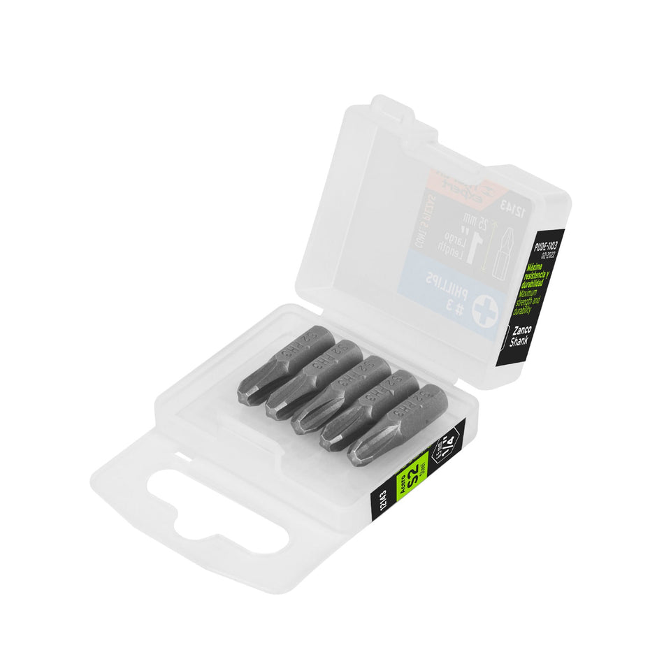 Estuche con 5 puntas de cruz PH3 largo 1', Truper Expert Caja con 6, 12143
