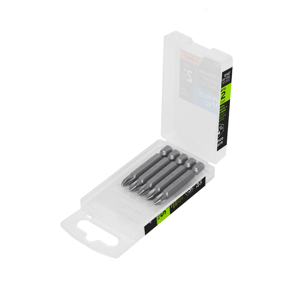 Estuche con 5 puntas de cruz PH2 largo 2', Truper Expert Caja con 6, 12147