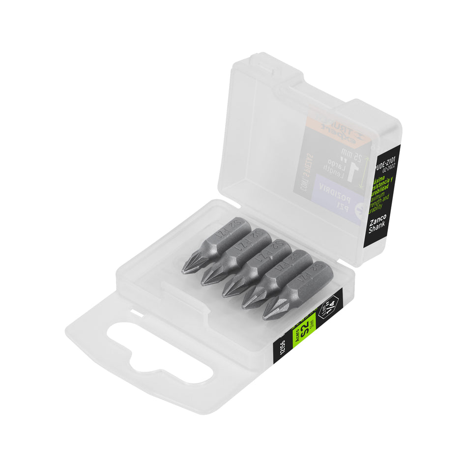 Estuche con 5 puntas pozidriv PZ1 largo 1', Truper Expert Caja con 6, 12156
