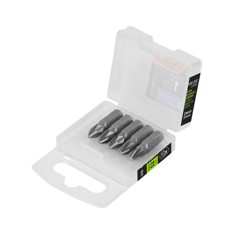 Estuche con 5 puntas pozidriv PZ2 largo 1', Truper Expert Caja con 6, 12158